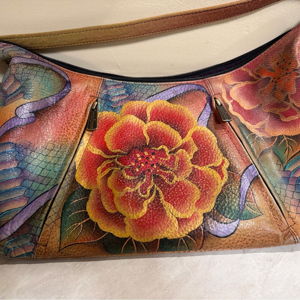 Anuschka Hand-Painted Leather Floral Shoulder Bag | Vintage